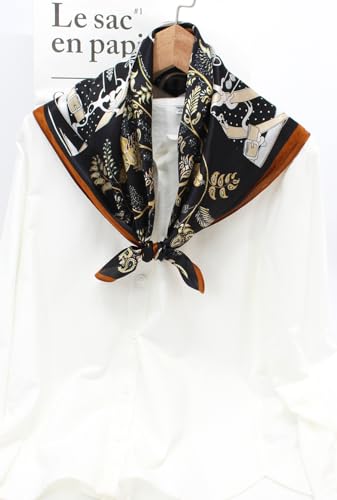 ANDANTINO 100% Mulberry Silk Square Scarf for Hair-25.6" X25.6'' Women Men Natural Silk Neckerchief Digital Printed Headscarf - color: Black&gold