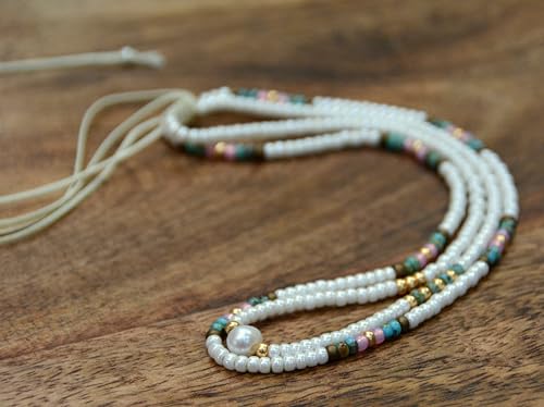 Beaded Choker Necklace for women and Teen Girls, Boho Bohemian Adjustable Colorful Seed Beads Necklace, Handmade Native American Style Jewelry by TRIBES - color: Pearl, Turquoise, Pink, style: Set of 2 Necklaces