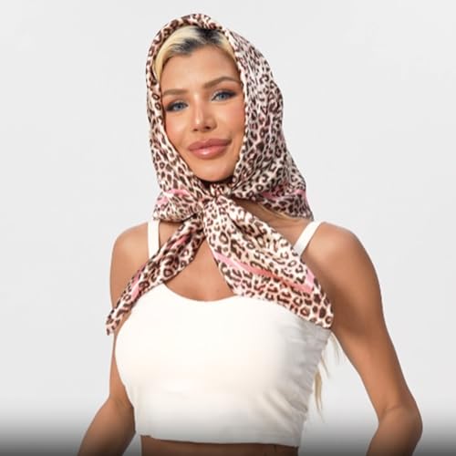 Leopard Print Head Scarf for Women Like Silk Satin Scarf for Hair Wrapping at Night Bandana Square Scarf 35 Inches - color: Pink