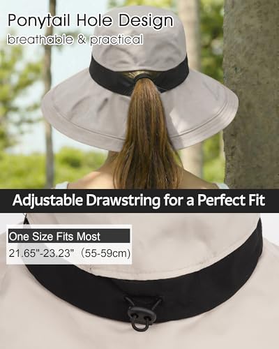 Senker Fashion Sun Hats for Women UV Protection, Waterproof Ponytail Wide Brim Bucket Hat for Summer Beach Gardening Travel - color: Beige