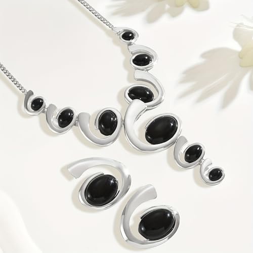 Gold Jewelry Set, Silver Black Boho Western Chunky Vintage Pendant Necklace Stack Trendy Adjustable Non Tarnish Cowgirl Dainty Hypoallergenic Earrings Jewelry Sets For Women - color: Silver set