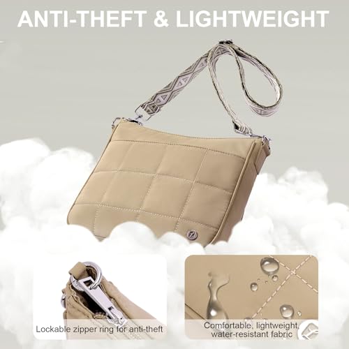Anti Theft Crossbody Bags for Women,Quilted Puffer Travel Purses Shoulder Hobo Bag Handbag with Guitar Strap - color: Khaki