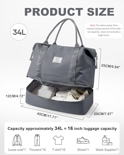 Spirit Travel Duffel - 18x14x8 Inches Weekender Overnight Bag with Shoes Compartment, Trolley Sleeve & Carry On for Airplanes, Sport Tote Gym Bag - Grey - color: H6-Grey, size: Large