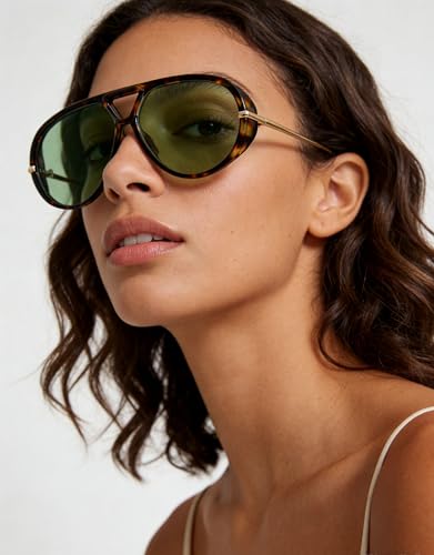 Trendy Retro Aviator Sunglasses with Side Shields for Women Men Oversized Plastic Round Large Vintage Shades - color: Tortoise Shell Frame, Green Lenses