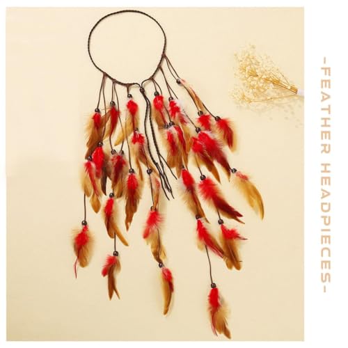 GORTIN Boho Feather Headband Gypsy Costume Headdress Black Bohemian Hippie Headbands Indian Festival Hair Band Adjust Long Feather Headpiece Hair Accessory for Women and Girls (Red+Brown) - color: Red+Brown