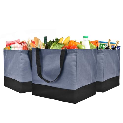 Canvas Reusable Grocery Bags Heavy Duty, 8.3 gal Foldable Large Tote Bag with Handles, Holds 60 lbs Canvas Shopping Bags, 3 Pack - color: [A0] Blue / Black, size: 3 Pack