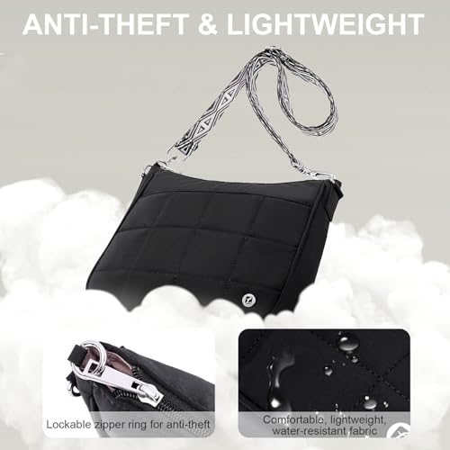 Anti Theft Crossbody Bags for Women,Quilted Puffer Travel Purses Shoulder Hobo Bag Handbag with Guitar Strap - color: Black
