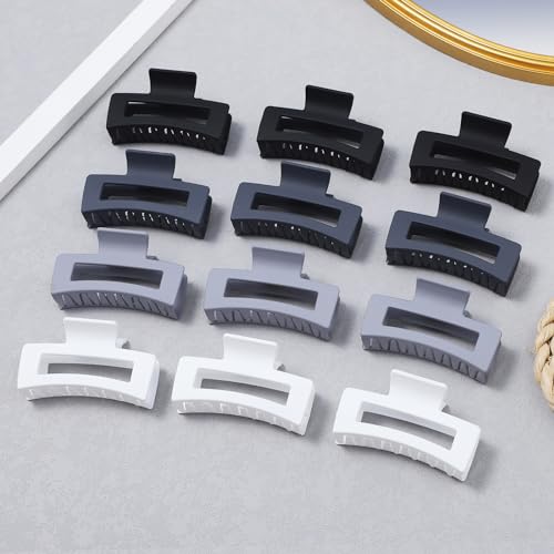 12 Pcs Medium Hair Clips for Women, 3.5 Inch Square Claw Clips, Colorful Hair Claw Clips for Thick and Thin Hair, Bulk Hair Accessories for Women and Girls- Grey - color: Grey