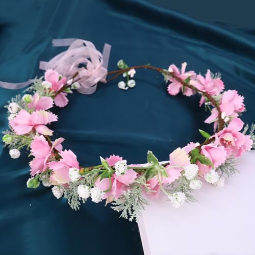 Boho Floral Crown for Women– Adjustable Faux Silk Flower Headband, Handmade Wedding Hair Accessory for Festivals & Photoshoots, Flower Hair Crown for Women (Pink White Flower Leaf, Adjustable) - color: Pink White Flower Leaf