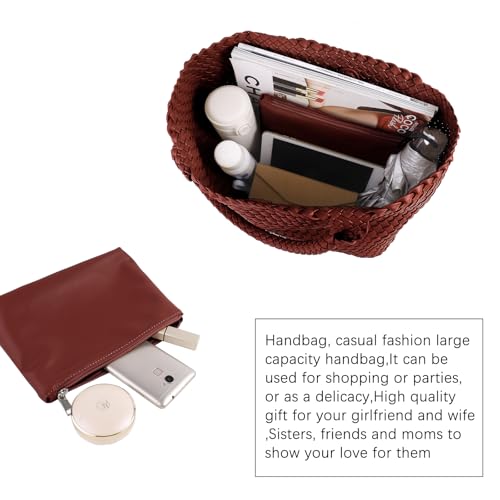 Handmade Woven Bag Satchel Handbag For Women Vegan Leather Tote Bag With Purses Travel Shoulder Bag Underarm Bag - color: Wine Red