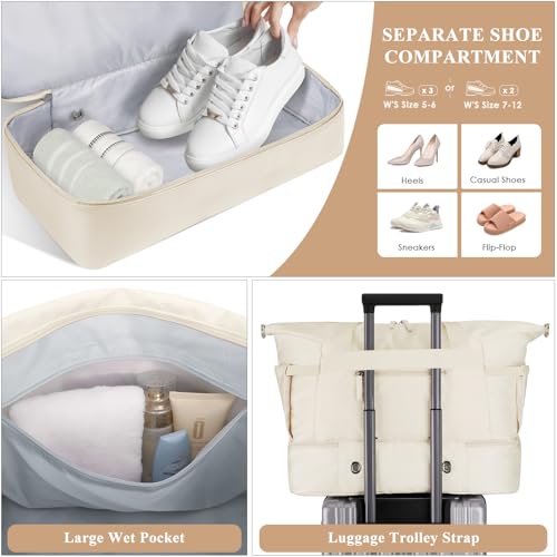 ETRONIK Gym Bag for Women, 45L Carry On Travel Duffel Bag with Shoes Compartment, Weekender Overnight Bag with Wet Pocket for Women, Travel, Gym, Weekend, Large Size - color: Beige, size: Large