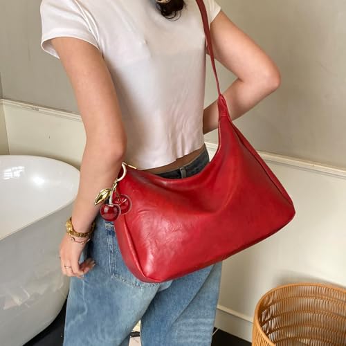Hobo Bags for Women Leather,Foldable Slouchy Shoulder Purse Crossbody Handbag,Soft Vegan Brown Tote Casual Everyday Handbags - color: Wy22 Upgraded Wine Red