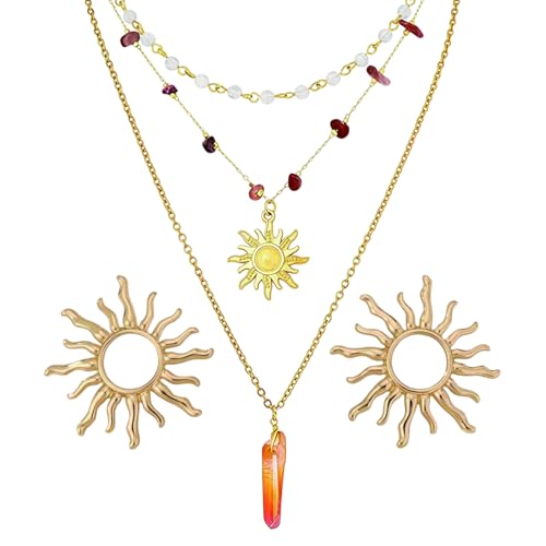 Layered Crystal Sun Necklace and Sun Earrings,Gold Summer Beach Necklace,Gothic Boho Hippie Jewelry,Ideal Jewelry Gifts for Women
