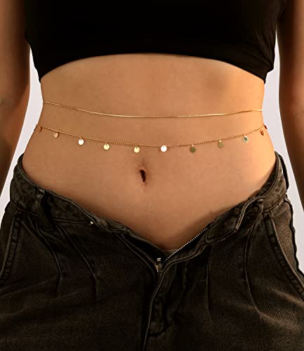 Honsny 2PCS 25-43Inch 18K Gold Plated Waist Chain Minimalist Pearl Belly Body Chain Gold Layered Sexy Bikini Body Chains Waist Jewelry for Women - color: E:Sequin, size: M(31-37INCH)