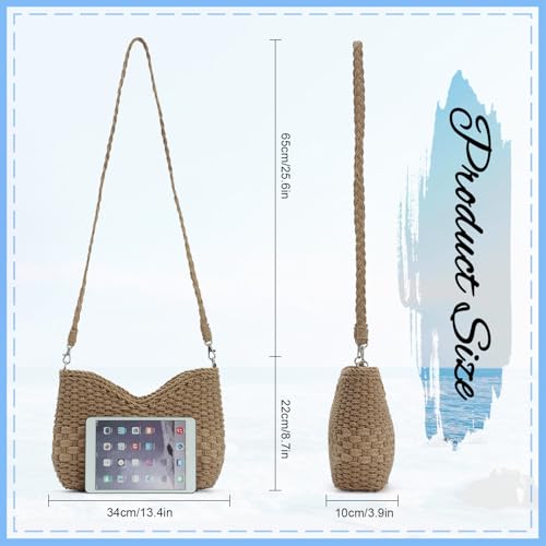 KUANG! Handmade Woven Shoulder Bag for Women Summer Beach Straw Purse Crossbody Handbag with Strap - color: Brown