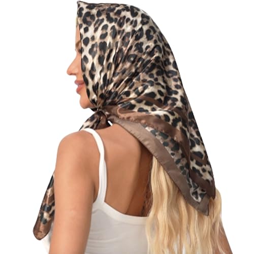Leopard Print Head Scarf for Women Like Silk Satin Scarf for Hair Wrapping at Night Bandana Square Scarf 35 Inches - color: Brown