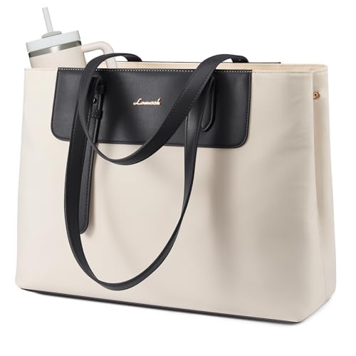 LOVEVOOK Laptop Tote Bag for Women, Water-Resistant Work Tote Bag Large Capacity Computer Bag for Travel, Nylon & PU - color: Beige, size: 15.6Inch