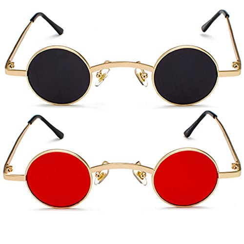 mincl/punk Small Chic Fashion Vintage Round Sunglasses Metal Frame - color: 2pcs-gold Black& Gold Red