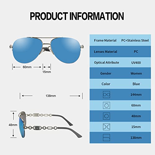 FONHCOO Aviator Sunglasses for Women Men Metal Frame UV400 Mirrored Sunglasses - color: Blue
