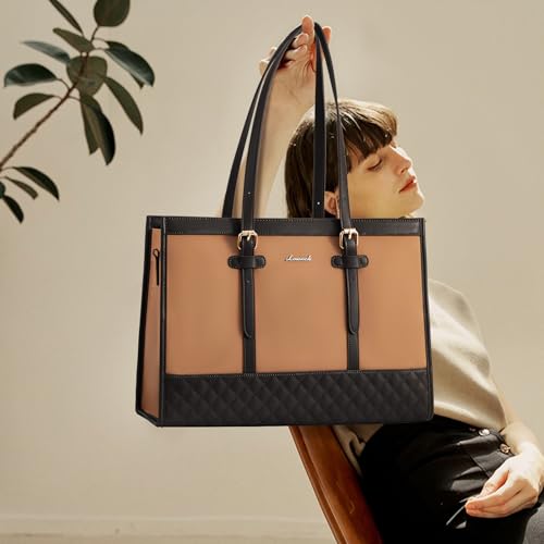 LOVEVOOK Laptop Bag for Women, 15.6 inch Canvas Laptop Tote, Large Capacity Work Bag with Clutch Purse, Office Business Briefcase, Casual Handbag for Travel, College, Teacher, School - color: Black & Brown, size: 15.6 inch