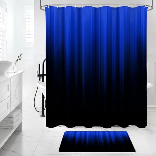 Litabel 4 Pcs Royal Blue and Black Gradient Shower Curtain Set with Rugs and Toilet Lid Cover, Modern Simple Waterproof Fabric Bathroom Set, Ombre Stripe Gothic Abstract Bathroom Decor Set Accessories - color: Royalblue
