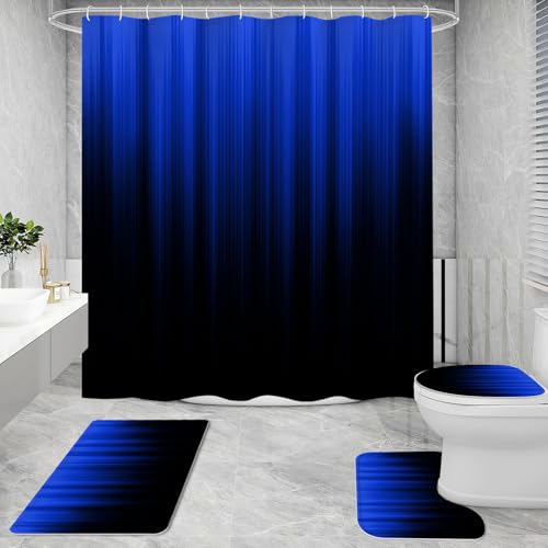 Litabel 4 Pcs Royal Blue and Black Gradient Shower Curtain Set with Rugs and Toilet Lid Cover, Modern Simple Waterproof Fabric Bathroom Set, Ombre Stripe Gothic Abstract Bathroom Decor Set Accessories - color: Royalblue