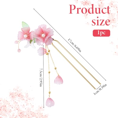 Chinese Dangling Hair Sticks Pink Flower Hairpin with Tassel Ancient Peach Blossom Hanfu Style Hair Fork Retro Flower HairClip Resin Handmade Bridal Pins Ornaments Stick for Women Girls