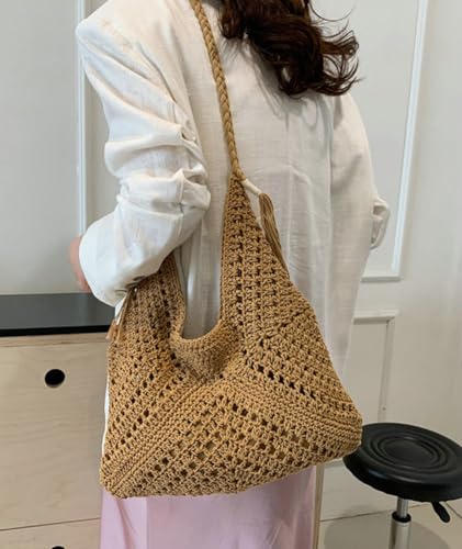 Boho Straw Bags for Women Large Woven Tote Bag Straw Beach Bag Shoulder Bags Purse Handbags Summer Straw Hobo Bag - color: Khaki