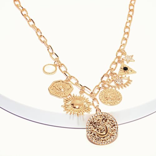 ORIGENCE Sun Heart Necklace for Women 18K Gold Plated Heart Pendant Necklace Chunky Chain Choker Necklaces Hip Hop Charm Necklaces Trendy Unisex Jewelry - style: 8Charm-Gold