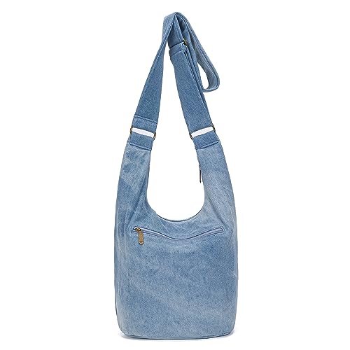 Coton Pose Women Hippie Crossbody Bag - Top Zip Large Capacity Canvas Sling Bag - Jacquard Cloth Handmade - color: Denim Blue