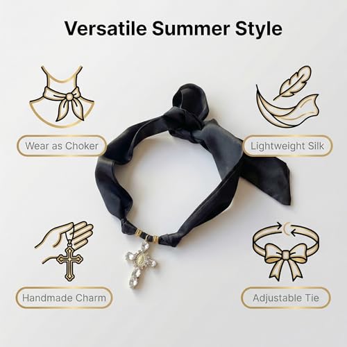 Scarf Necklace for Women Choker Necklace Cross Pendant Trendy Vintage Handmade Charm Jewelry Gift Leopard Silk Bandana Western Bohemian - color: Black