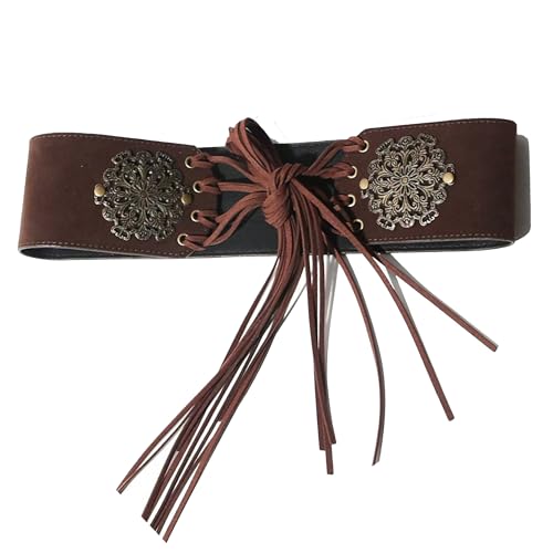 Women's Vintage Disc Renaissance-Corset-Belt 3.15" W Western Suede-Cinch-Belts w/Tassel-Closed for 25-40in Waist - color: Coffee