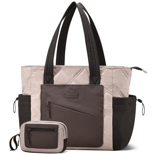 LOVEVOOK Tote Bag for Women, puffer tote bag for Work Travel Nurse, Lightweight quilted Bags with Compartments - color: ‎m-15.6 Inch-apricot-coffee