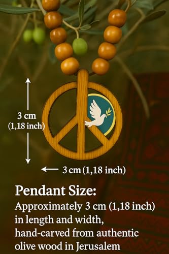 SANAD Peace Sign Necklace Olive Wood – Handmade Hippie Jewelry from Jerusalem – 60s 70s Costume Accessory – Lightweight Retro Pendant for Men & Women