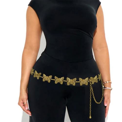 Women's Western Chain Belt Boho Waist Chain Chunky Metal Belts for Dresses - color: Butterfly Gold, size: Fits Waist 26"-35"
