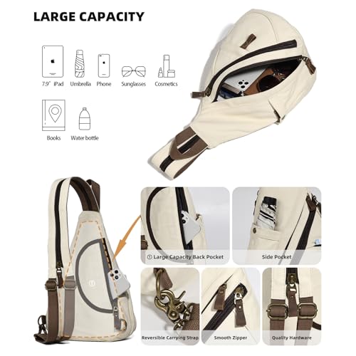 KL928 Canvas Sling Bag - Small Crossbody Backpack Shoulder Casual Daypack Rucksack for Men Women(Large Version,Beige) - color: Canvas-beige