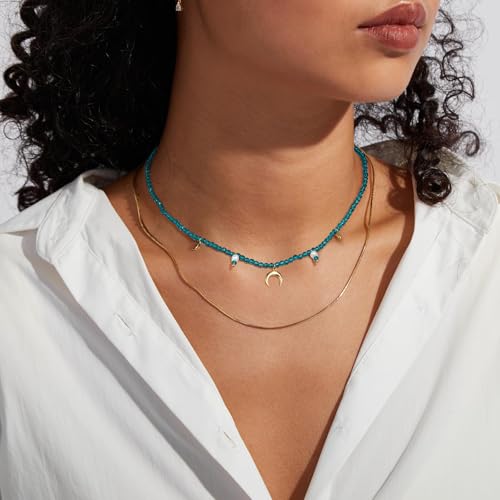 KissYan Beaded Choker Necklace for Women, Colorful Natural Gemstones Pearl Choker 14K Gold Plated Pendant Healing Crystal Necklace Handmade Stone Jewelry Gift - color: M-Moon