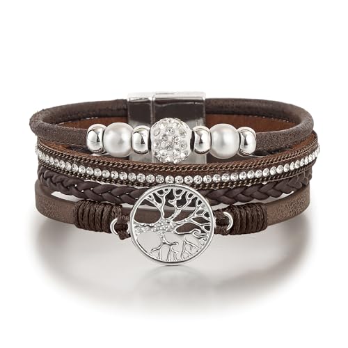 Edoneery Leather Wrap Bracelet for Women, Boho Handmade Multi-Layer Cuff with Crystal Beads Heart, Stackable Bangle Western Jewelry Gift - style: Tree of Life(Brown)