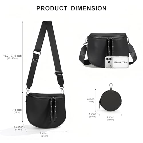 Crossbody Bags for Women, Large Vegan Leather Trendy Bum Bag - color: Black