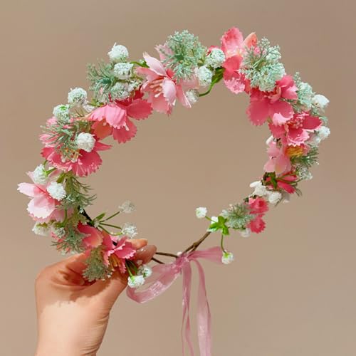 Boho Floral Crown for Women– Adjustable Faux Silk Flower Headband, Handmade Wedding Hair Accessory for Festivals & Photoshoots, Flower Hair Crown for Women (Pink White Flower Leaf, Adjustable) - color: Pink White Flower Leaf