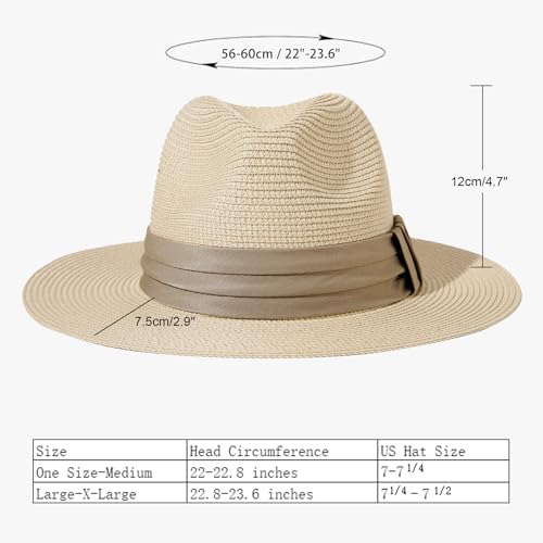 Lanzom Women Wide Brim Straw Panama Roll up Hat Fedora Beach Sun Hat UPF50+ - color: Khaki, size: One Size-Small
