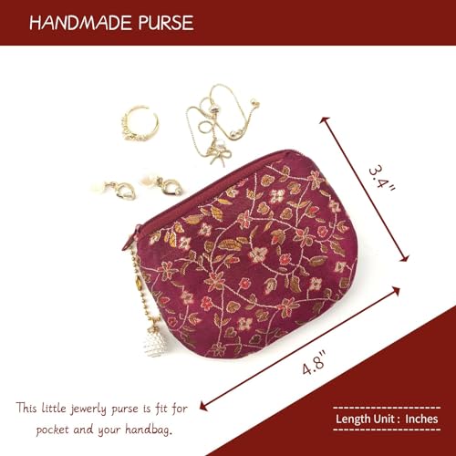 Handmade Women Coin Purse Rosary Pouch Silk Jewelry Bag Brocade Zipper Wallet - Maroon - color: Maroon