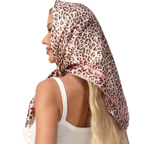 Leopard Print Head Scarf for Women Like Silk Satin Scarf for Hair Wrapping at Night Bandana Square Scarf 35 Inches - color: Pink