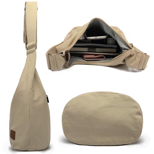 Coton Pose Women Hippie Crossbody Bag - Top Zip Large Capacity Canvas Sling Bag - Jacquard Cloth Handmade - color: Tan Beige