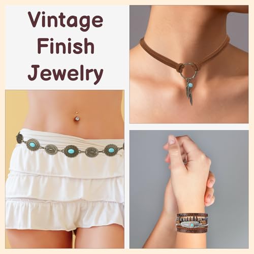 JATEBI 4 Pcs Western Cowgirl Jewelry Set for Women, Boho Turquoise Accessories with Head Scarf, Concho Belt, Necklace, Bracelet for Country Concert