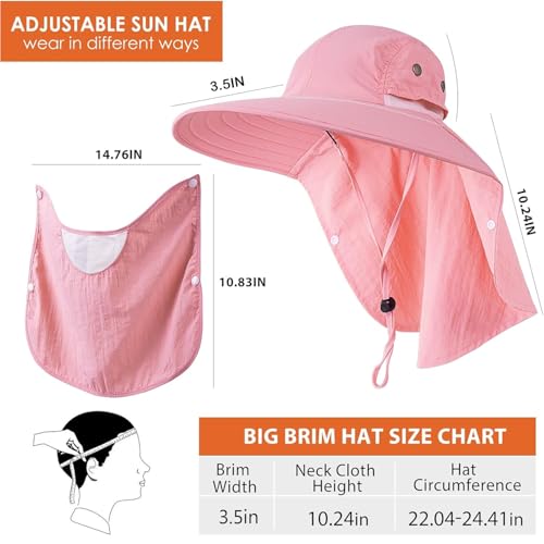 Mens Women Fishing Hat UPF 50+ Wide Brim Sun Hat with Face Cover & Neck Flap - color: Pink