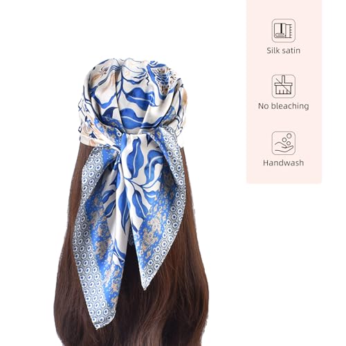 27.5 Inches Silk Head Scarf for Women Satin Hair Scarf Silk Wrap Neck Square Scarves Feeling Scarf Boho Headwear - color: Branch-blue