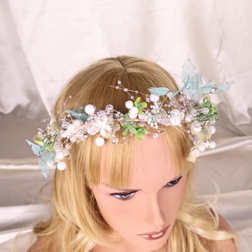 Boho Floral Crown for Women– Adjustable Faux Silk Flower Headband, Handmade Wedding Hair Accessory for Festivals & Photoshoots, Flower Hair Crown for Women (Blue Butterfly, Adjustable) - color: Blue Butterfly