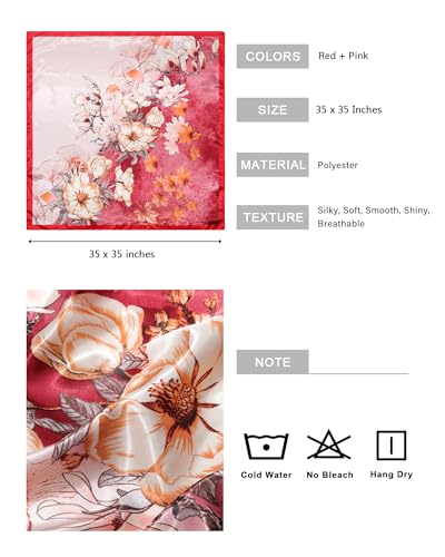 AWAYTR 35” Satin Head Scarf for Women Like Silk Scarf Hair Bandanas Women Large Square Neck Scarf Headscarf Head Wrap - color: Red + Pink
