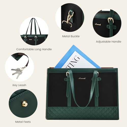 LOVEVOOK Laptop Bag for Women 15.6 inch Canvas Laptop Tote Bag, Large Capacity Work Bags with Clutch Purse, Computer Bags Office Business Briefcase, Casual Handbag for Travel College Teacher - color: Green & Black, size: 15.6 inch